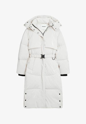 Weißer, glänzender, langer Daunenmantel mit tailliertem Gürtel, übergroßem Kragen, Druckknöpfen und großen Fronttaschen. Hat schwarze Innenbündchen.