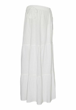 Bijela višeslojna maksi suknja s elastičnim remenom i podesivom prirodnom uže. Izrađena od lagane tkanine, s mekanom, lepršavom teksturom.