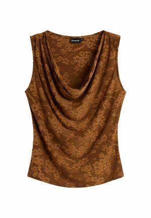 Blusa marrón sin mangas con escote drapeado y patrón floral sutil, talla mediana, marca Desigual.