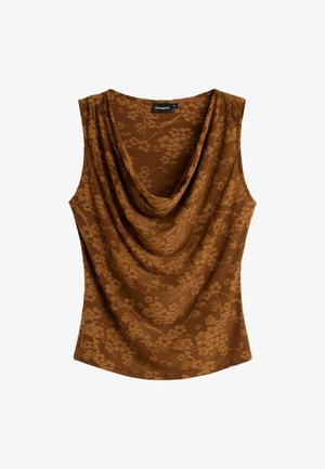 Bluza maro fără mâneci cu decolteu drapat și model floral subtil, mărimea medie, marcă Desigual.