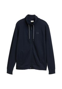 Donkerblauwe ritssluitingjas gemaakt van textuurstof. Heeft een hoge kraag, trekkoord en zijzakken. Eenvoudig ontwerp zonder zichtbare patronen.