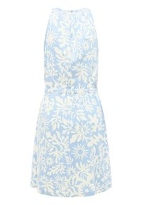 Mouwloze lichtblauwe jurk met witte bloemen- en zonnestraalprint, taille ingesnoerd en een zoom tot op de knie.