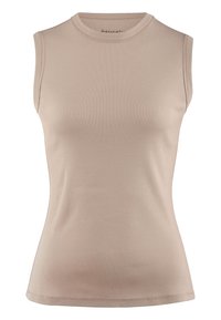 Sleeveless top in light beige, made of smooth, stretchable fabric, featuring a round neckline and a fitted design.