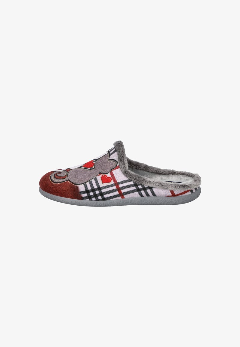 Zapatilla suave con ribete de pelo sintético gris, patrón de cuadros y un gato gris enrollado con corazones rojos en la parte superior, suela gris.