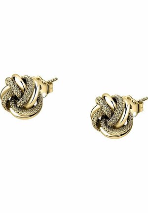 Goldfarbene Ohrstecker mit einem gewundenen Knotendesign, akzentuiert mit schimmernden Strasssteinen und polierten, glatten Oberflächen.