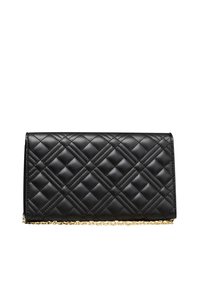 Svart kviltad plånbok i läder, med rektangulär form, guldkedjeprydnad och en strukturerad yta med diamantmönster.