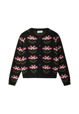 Cárdigan de punto negro con un patrón floral en tonos rosa y verde. Escote redondeado y cierres de botón en la parte delantera.
