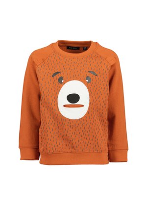 Kinder-orange Sweatshirt mit einem Bärengesicht-Design, texturiertem Fellmuster und kleinen Stoffohren an den Schulterbereichen.