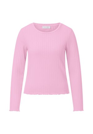 Svetlo roza dolg rokav z rebrastim vzorcem, okrogel izrez na vratu ter rahlo valovit rob in manšete.