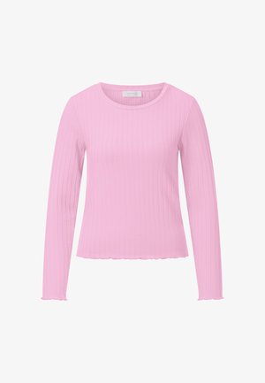 Top roz pal cu mâneci lungi și dungi, cu decolteu rotund și tiv și manșete ușor ondulate.