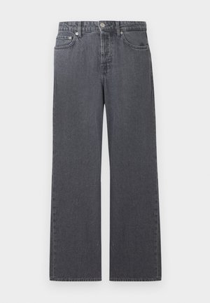 Dunkelgraue Denim-Jeans mit geradem Bein, hoher Taille, Vorderknopf, Reißverschluss und Fünf-Taschen-Design vor weißem Hintergrund.