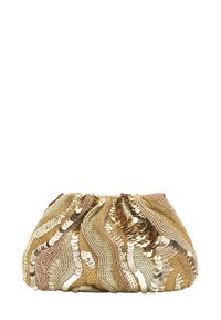 Złota i brązowa kopertówka wyszywana cekinami, z marszczonym wzorem z tkaniny, z falistymi wzorami i metalicznymi akcentami na miękkiej teksturze.