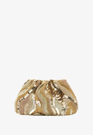 Złota i brązowa kopertówka wyszywana cekinami, z marszczonym wzorem z tkaniny, z falistymi wzorami i metalicznymi akcentami na miękkiej teksturze.