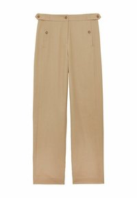 Pantalons beige à jambes larges avec une texture lisse, dotés d'une taille haute, de fermetures à double bouton et de détails de couture frontale marqués.