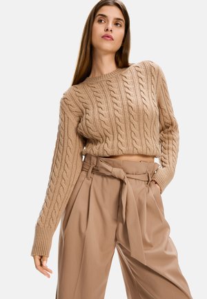 Beige geschnittenes Kabelstrickpullover mit rundem Halsausschnitt und langen Ärmeln, kombiniert mit hochgeschnittenen, weiten beigen Hosen mit gebundenem Taillenbund.