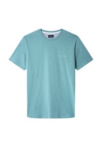 Camiseta de algodón en color verde claro con cuello redondo, mangas cortas y un pequeño logo blanco en el lado izquierdo del pecho. Diseño simple sin estampados.