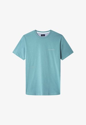 T-shirt in cotone blu chiaro con scollo rotondo, maniche corte e un piccolo logo bianco sul lato sinistro del petto. Design semplice senza motivi.