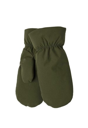 Moufles vert foncé en tissu doux et isolé, avec un poignet élastique et une forme arrondie, offrant chaleur et confort.