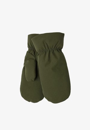 Mittens verde scuro realizzati in morbido tessuto isolante con polsini elasticizzati e forma arrotondata, che offrono calore e comfort.