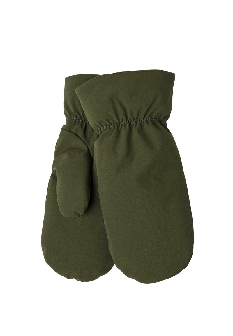 Dark green mittens made of soft, insulated fabric with an elastic cuff and rounded shape, providing warmth and comfort.