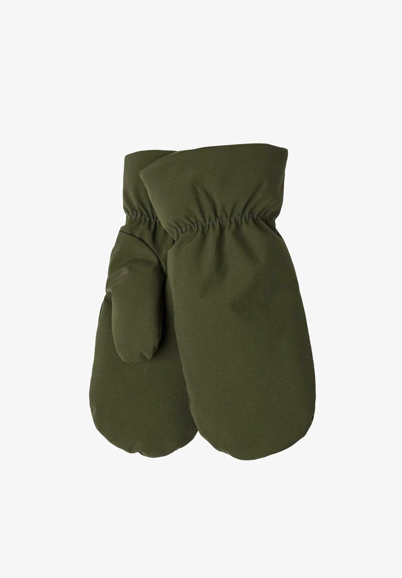 Dark green mittens made of soft, insulated fabric with an elastic cuff and rounded shape, providing warmth and comfort.