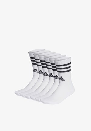 Weiße Sportsocken mit gerippten Bündchen, die drei schwarze Streifen und das Adidas-Logo aufweisen. Sechs Paare ordentlich arrangiert.