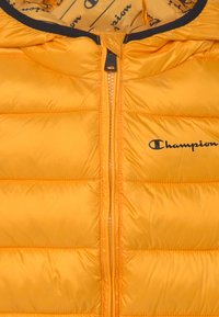 Žlutá péřová bunda s horizontálním prošíváním, předním zipem a černým logem. Podšívka s opakujícím se vzorem názvu značky.