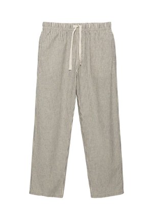 Bézs- és szürke függőleges csíkos, alkalmi nadrág rugalmas derékpánttal és bézs színű húzózsinórral.