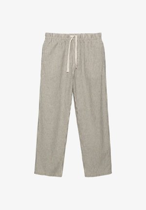Bežové a sivé vertikálne prúžkované voľnočasové nohavice s elastickým pásom a béžovou šnúrkou na zaväzovanie.