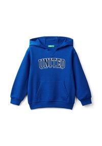 Felpa con cappuccio blu caratterizzata da una tasca frontale, polsini a costine e il testo "UNITED" in bianco sopra "colors of benetton" in caratteri più piccoli.