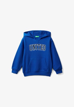 Blauwe hoodie met een voorzak, geribde manchetten en de tekst "UNITED" in het wit boven "colors of benetton" in kleinere letters.