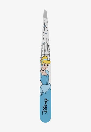 Tweezers with a stainless steel tip, blue handle featuring Cinderella, light blue dress, white background with castle and star designs.