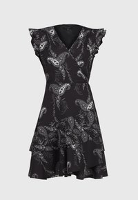 Musta kietaisumekko, jossa on valkoinen paisley-kuvio, röyhelöhihat ja kerroksellinen helmasuunnittelu. Valmistettu kevyestä kankaasta.