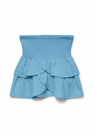 Light blue off-the-shoulder top with a smocked bodice and layered ruffle skirt. Soft fabric with a smooth texture and no visible hardware.