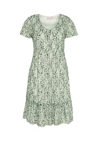 Robe courte à manches courtes, longueur genou, avec un motif géométrique abstrait noir et blanc et un ourlet à volants subtil.