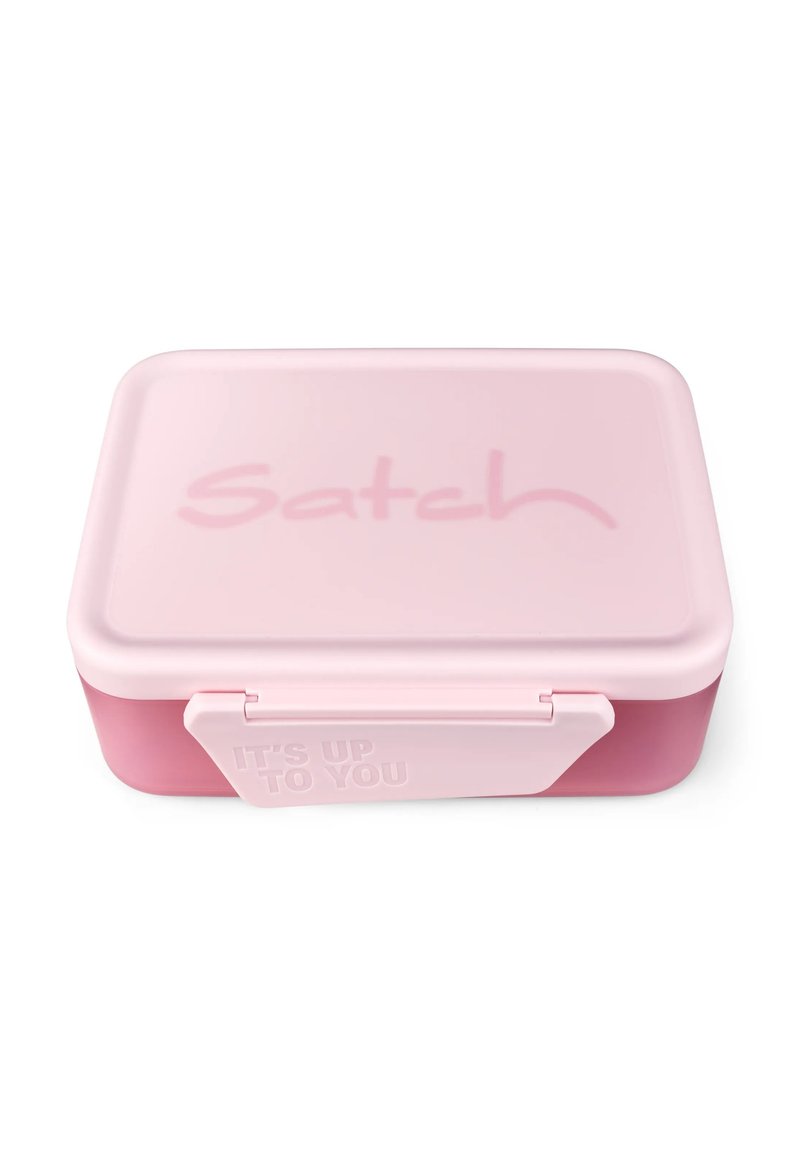 Pink rectangular lunch box with a smooth finish, featuring a subtle "Satch" logo and a closure that reads "IT'S UP TO YOU."