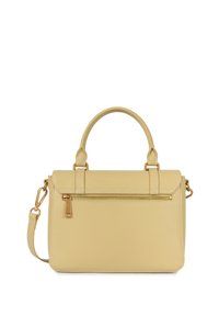 Borsa a mano in pelle gialla con un design strutturato, doppi manici superiori, una tracolla removibile e una tasca anteriore con zip e dettagli in metallo dorato.