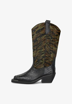 Black cowboy boots with textured snake print, green and brown camouflage upper, pointed toe, stacked heel, and decorative stitching details.