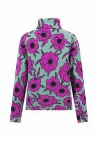 Fleece-Pullover mit einem Stehkragen, in mintgrünem Grundton und lebhaftem pinkem Blumenmuster mit schwarzen Akzenten auf den Blumen.