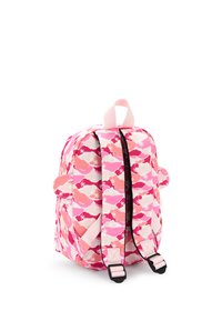 Lille rygsæk med et pink camouflagemønster i nuancer af pink og hvid. Den har polstrede stropper og et bærehåndtag i toppen for nem transport.