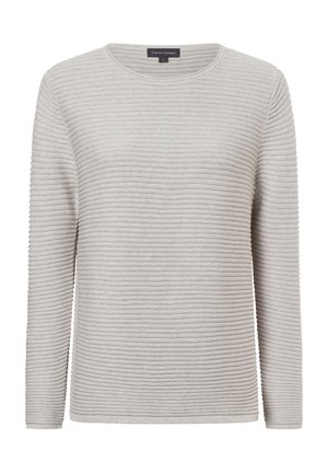 Lichtgrijze trui met lange mouwen, met een geribbelde textuur, ronde halslijn en een rechte zoom. Label zichtbaar bij de hals.