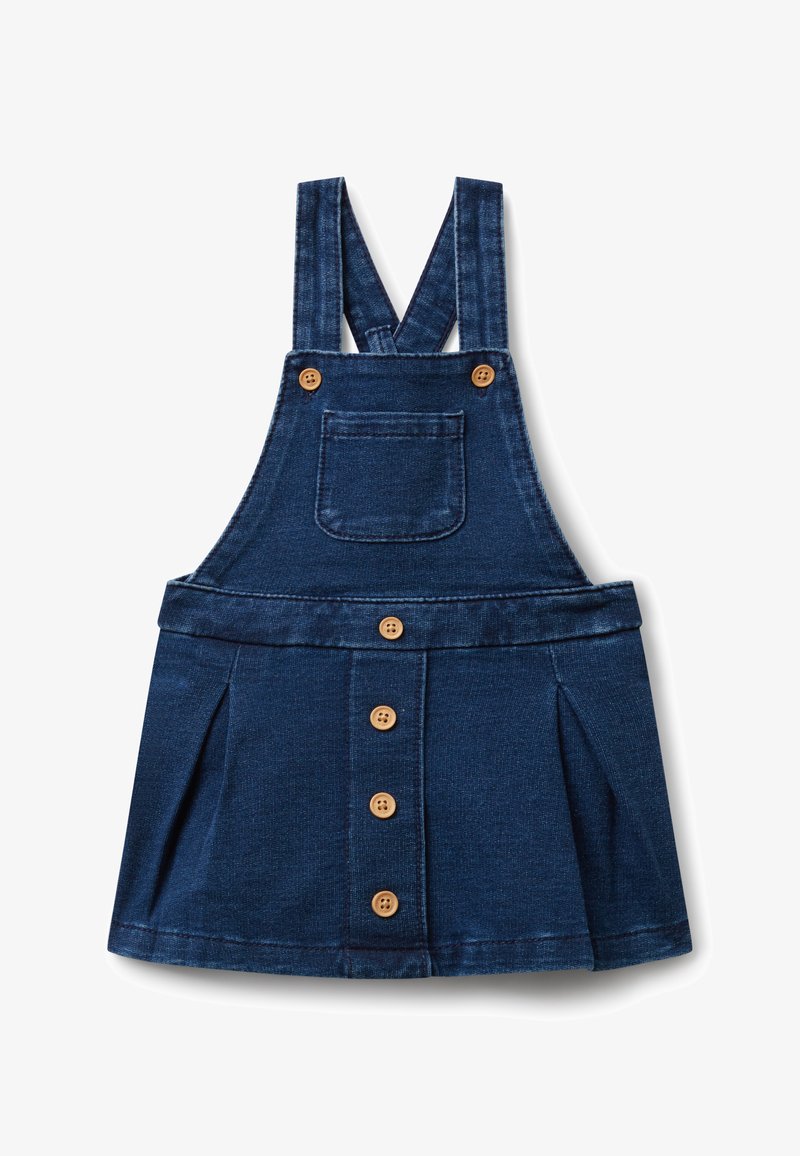 Sukienka ogrodniczka z denimu, ciemnoniebieska, z regulowanymi ramiączkami, kieszenią z przodu oraz pięcioma drewnianymi guzikami z przodu i plisowanym dołem.