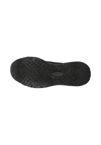 Black rubber shoe sole with textured grip pattern, featuring raised diamond shapes and a central logo. Durable and designed for traction.