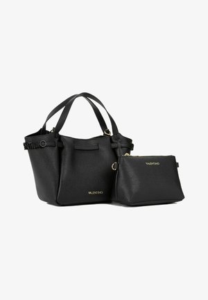 Schwarze Valentino Leder-Shopper-Tasche mit zwei Griffen und passender, mit Reißverschluss verschließbarer Tasche, beide vorne mit goldenen Logolettern versehen.
