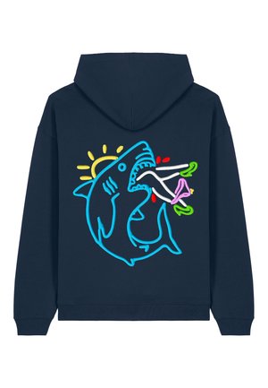Navy blue hoodie featuring a colorful shark graphic with bright blue outline, and playful accents like a sun and abstract shapes.