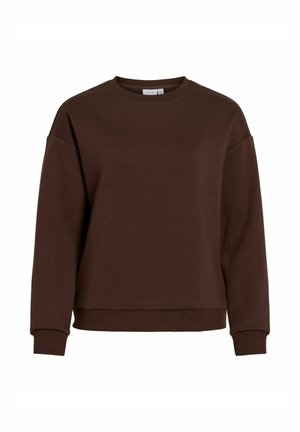 Sweat-shirt marron à manches longues avec col ras du cou, poignets et ourlet côtelés, présenté sur un fond blanc.