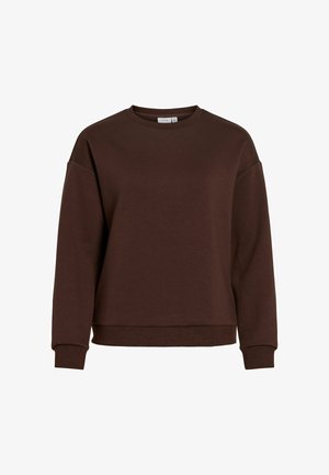 Felpa marrone a maniche lunghe con collo a giro e polsini e orlo a coste, mostrata su uno sfondo bianco.