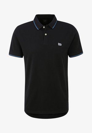 Svart polo tröja i bomull, med tvåknapps stängning, korta ärmar och blå kantband längs kragen och ärmarna. Litet logo på bröstet.