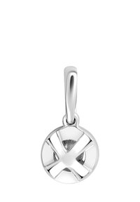 Srebrny wisiorek o okrągłym kształcie z wyraźnym wzorem w kształcie X w centrum. Gładkie, polerowane wykończenie. Prosta pętla do zamocowania.