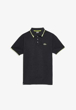 Černé polo triko s zelenými akcenty, s třemi knoflíky, krátkými rukávy, logem na hrudi a texturovanou tkaninou.